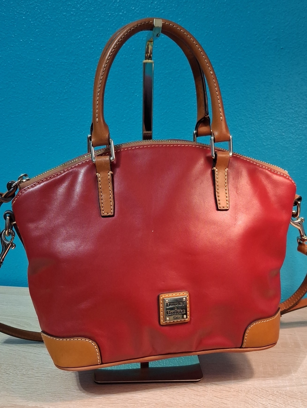 Dooney & Bourke Charli Red Leather Satchel with Brown Trim and Handles